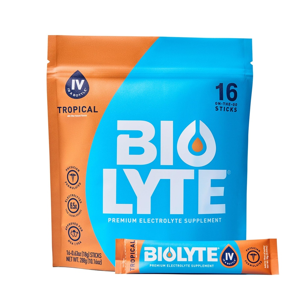 BIOLYTE IV Ηλεκτρολυτικά Powder Packets, IV Liquid Drink Mix for Water, Doctor-Developed Hydration, HSA & FSA Εγκεκριμένη Αφυδάτωση Ανακούφιση, Χημειοθεραπεία Πρέπει να έχει για γυναίκες & άνδρες - Τροπικά (16 Sticks)