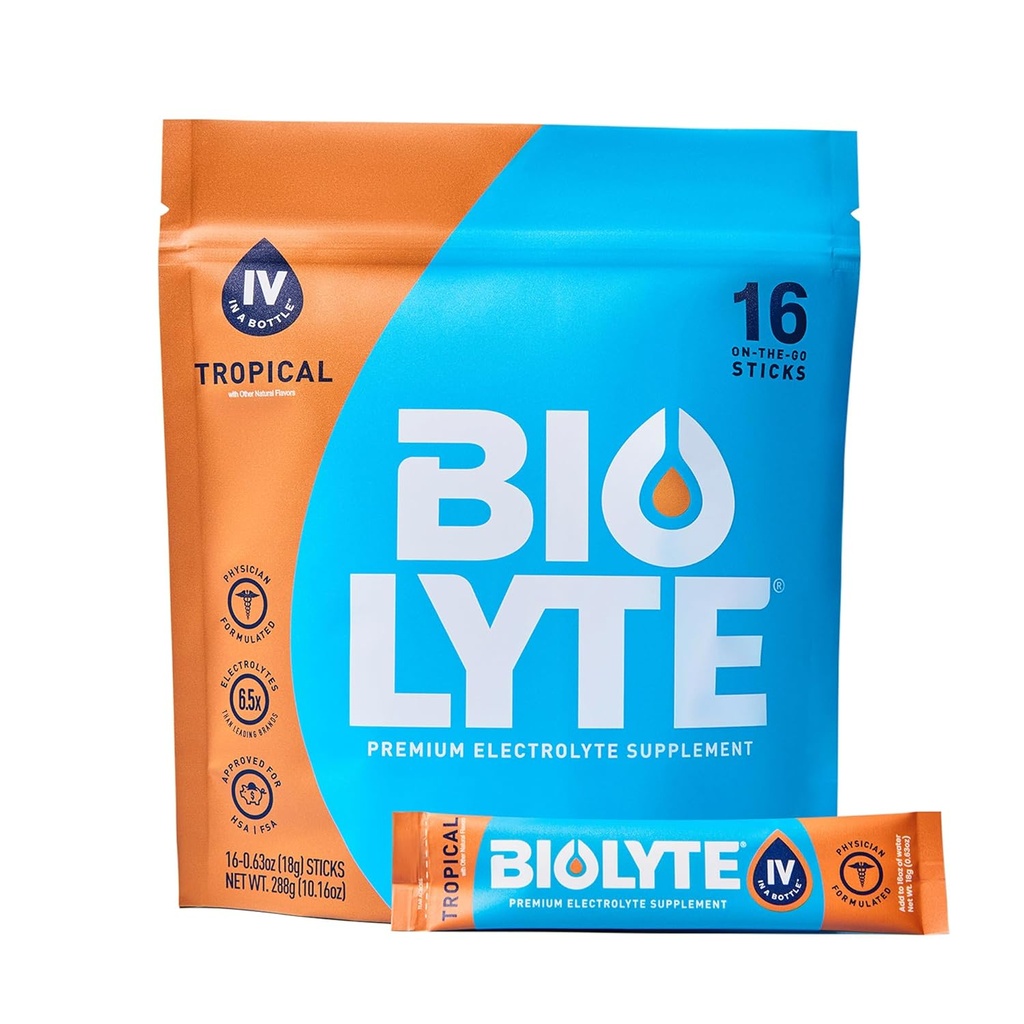 BIOLYTE IV Ηλεκτρολυτικά Powder Packets, IV Liquid Drink Mix for Water, Doctor-Developed Hydration, HSA & FSA Εγκεκριμένη Αφυδάτωση Ανακούφιση, Χημειοθεραπεία Πρέπει να έχει για γυναίκες & άνδρες - Τροπικά (16 Sticks)