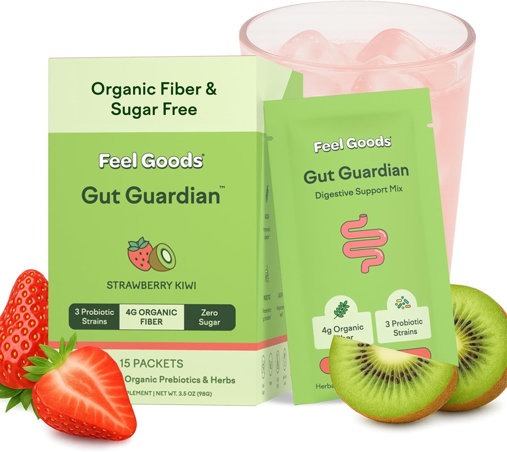 Feel Goods Gut Guardian, Organic Fiber, Probiotic & Prebiotic Powder, Sugar Free, Herbs for Bloat, Gut Health Support, Digestive Health for Men & Women, Non GMO, Vegan, Φράουλα Kiwi, 15 Count