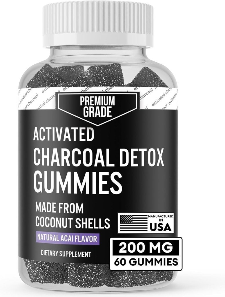 Premium Grade Activated Charcoal Gummies - Coconut Charcoal Supplements for Detox Support, Oral Health, Stomach & Digestion - Safe for Kids - No Bloat Vegan Gummy - Natural Acai Flavor (60 Count)