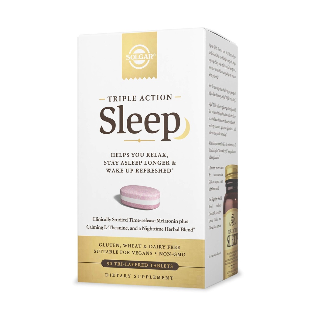 Solgar Triple Action Sleep, 90 Tri-Layer Tablets - Μελατονίνη & L-Theanine Plus Herbal Blend - σας βοηθά να χαλαρώσετε - Μη-ΓΤΟ, Χωρίς Γλουτένη - 90 Σερβιέτες