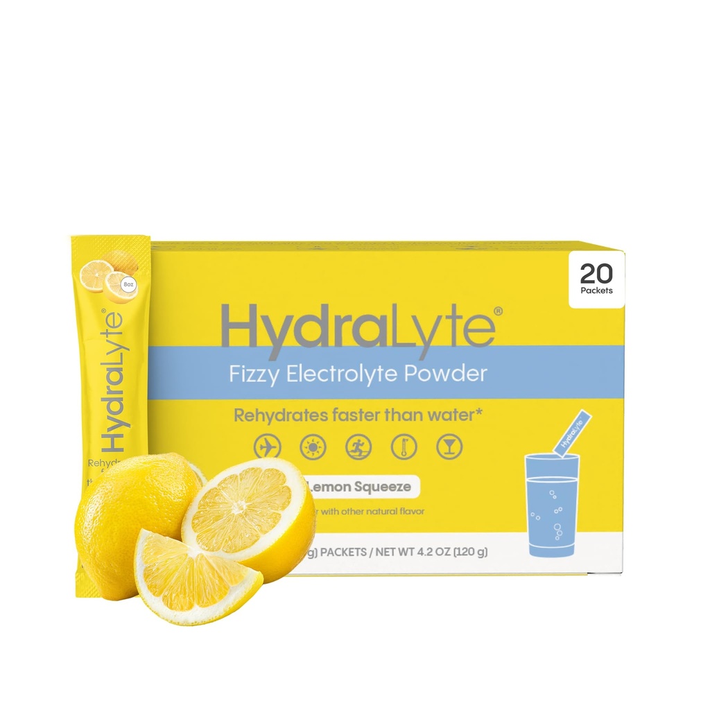 Hydralyte Shay Mitchell Low Sugar Rapid Rehydration - Ελαφρώς σπινθηριστές Packets σκόνης ηλεκτρολυτών, Lemon Squeeze 