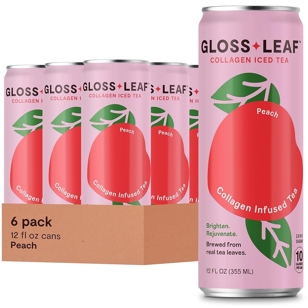 Gloss Leaf Collagen Iced Tea (Zero-Sugar, Ροδάκινο): Μαύρο τσάι με πρωτεΐνη και βιταμίνη C, ομορφιά & κατά της γήρανσης, 12 Fl Oz, 6 Pack