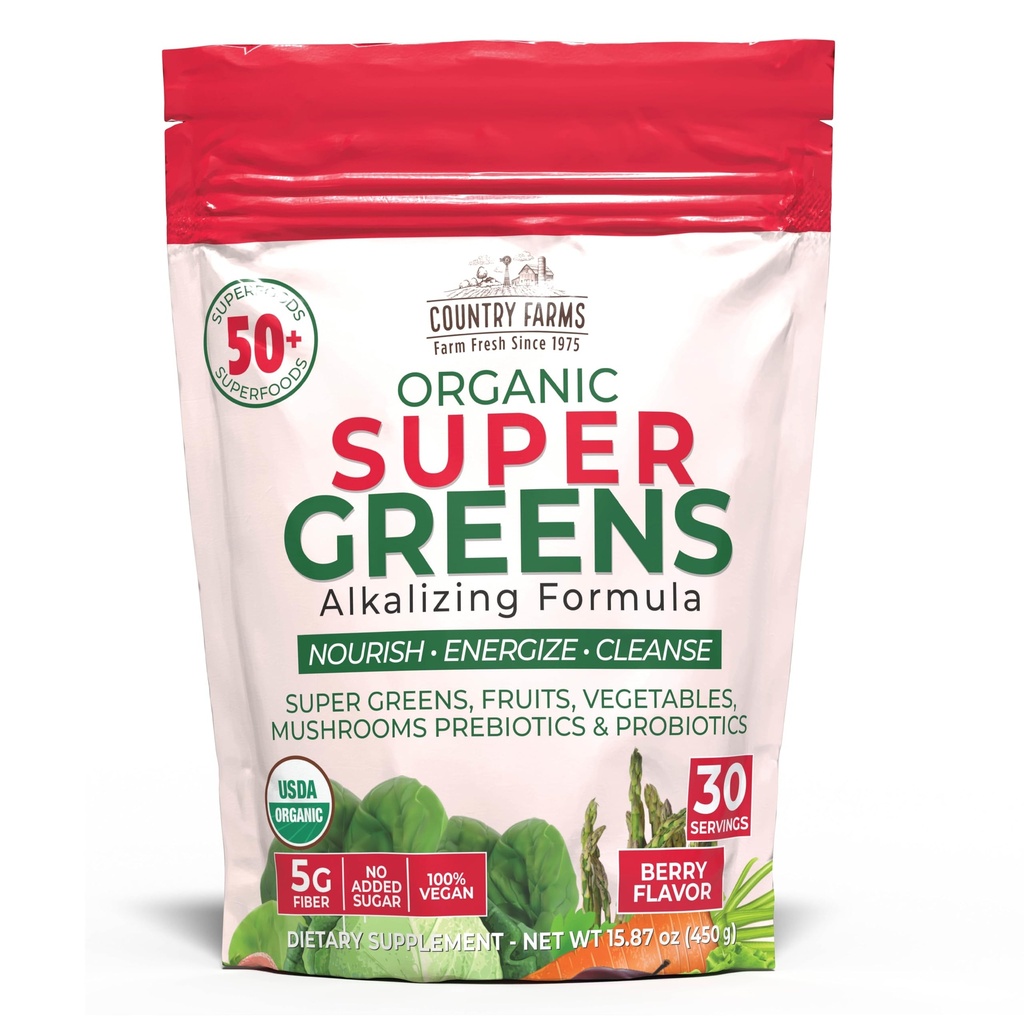 Χώρα Αγροκτήματα Super Greens Berry Flavor, 50 Βιολογικά Super Foods, USDA Βιολογικό Μείγμα Ποτών (Θρασύ χόρτο, Spirulina, Chlorella) Μανιτάρια & Προβιοτικά, με Φυτικές Ίνες, Ουλές Υγεία, Φυσική Ενέργεια, 30 Μερίδες