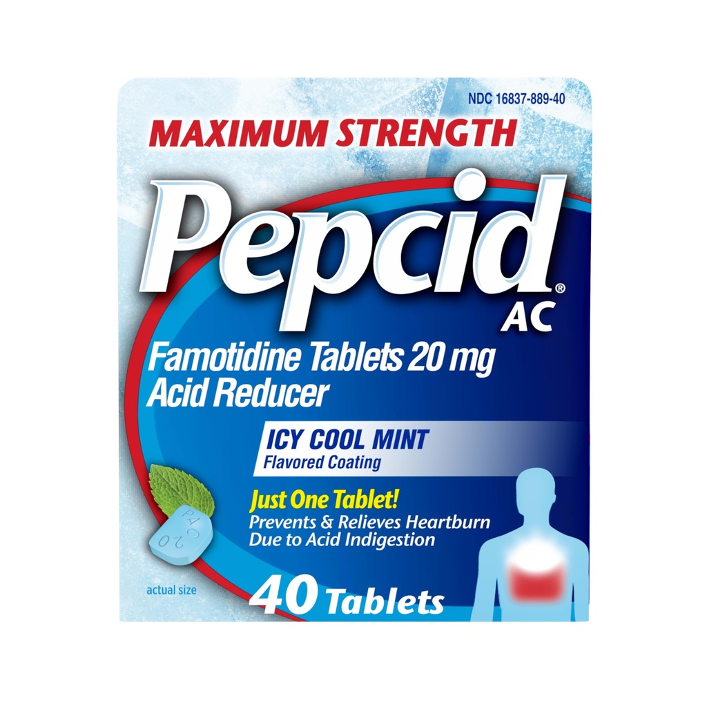 Pepcid AC Maximum Strength Heartburn Relief Tablets, OTC Medicine Prevents & Relieves Heartburn & Acid Reflux Due to Acid Indigestion, 20mg Famotidine Acid Reducer, ICY Cool Mint, 40 ct