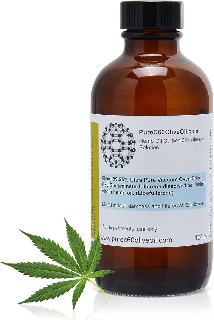 PureC60OliveOil C60 Organic Hemp Seed Oil 100ml / 3.4 fl Oz - 99,95% Carbon 60 Διαλύτης Δωρεάν 80mg - Amber Glass Bottle - Food Grade - Carbon 60 Hemp Oil - από τον κορυφαίο παγκόσμιο παραγωγό
