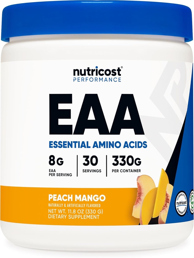 Nutricost EAA Powder 30 μερίδες (Peach Mango) - Απαραίτητα Αμινοξέα - Μη ΓΤΟ, Χωρίς γλουτένη, Φιλικά προς τους χορτοφάγους
