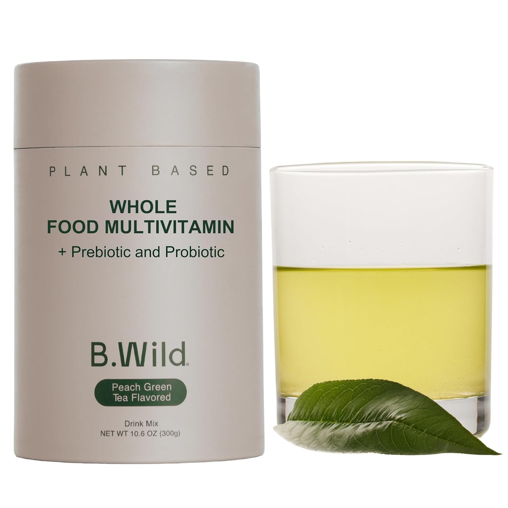 B.WILD Plant-Based Multivitamin Drink Mix – Refreshing Peach Green Tea with Prebiotics, Probiotics & Adaptogens for Gut Health & Stress Support – 30 Servings – Vegan, Gluten-Free