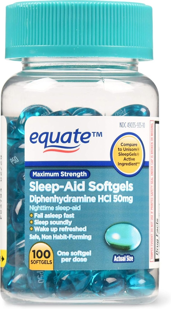 Equate Maximum Strength Sleep-Aid Softgels, 50 mg, 100 Count