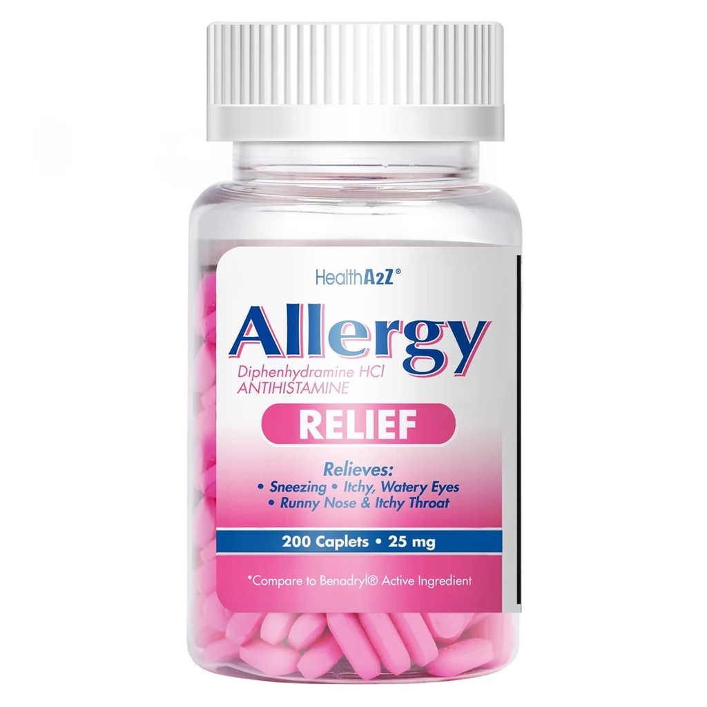 HealthA2Z® Allergy Relief | Diphenhydramine HCL 25mg | Antihistamine | Relief from Itchy Throat, Sneezing, Runny Noses | Indoor & Outdoors Allergies (200 Caplets (Pack of 1))