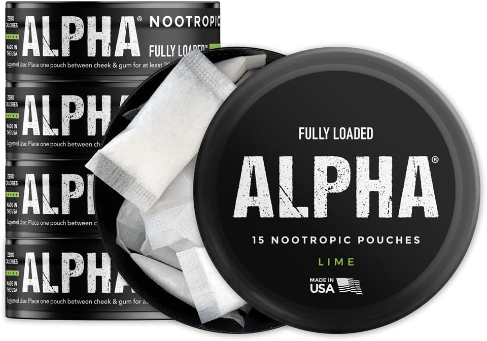 Πλήρως φορτωμένο Alpha Nootropic Pouches (Lime) - 5 Cans - 15 Pouches per can - Αποτελεσματική Nootropic Παράδοση, Nic Pouch Αντικατάσταση - Γρηγορότερη απορρόφηση, Alpha GPC, L-Tyrosine, GABA