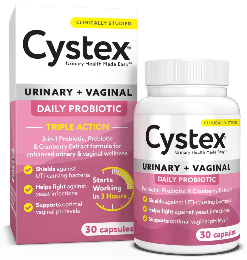 Cystex 3-σε-1 Προβιοτικό Ούρων για τις γυναίκες - γρήγορη δράση UTI & Yeast Μόλυνση Υποστήριξη με προβιοτικά, προβιοτικά, & Cranberry - Υποστηρίζει Κολπικό pH & Flora Balance - 30 κάψουλες
