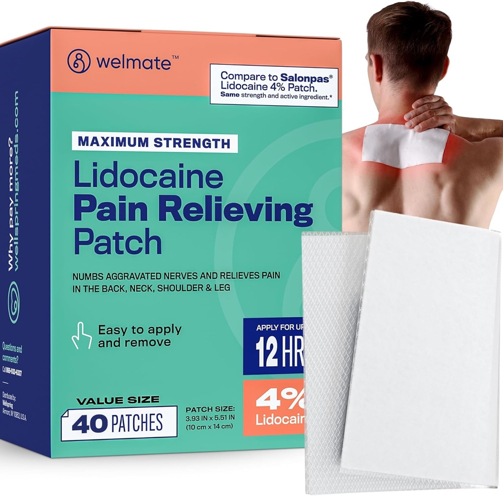 WELMATE Pain Patches Μέγιστη δύναμη Λιδοκαΐνη 4% Topical Numbing Anaalgesic – Lidocaeine Patches for Nerve & Back Pain Relief, Sciatica, Neck Muscle Strain, Knee, Shoulder Joint, Hip, Foot (40ct)
