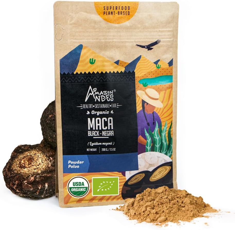 Andes Black Maca Root Powder (Lepidium meyenii) - περιέχει υδατάνθρακες & Ορυκτά - Adaptogen superfood & Health Promoter - Ζελατινοποιημένο, Vegan, Non-GMO & Allegen-free - 7 Ουγγιά (40 Services)