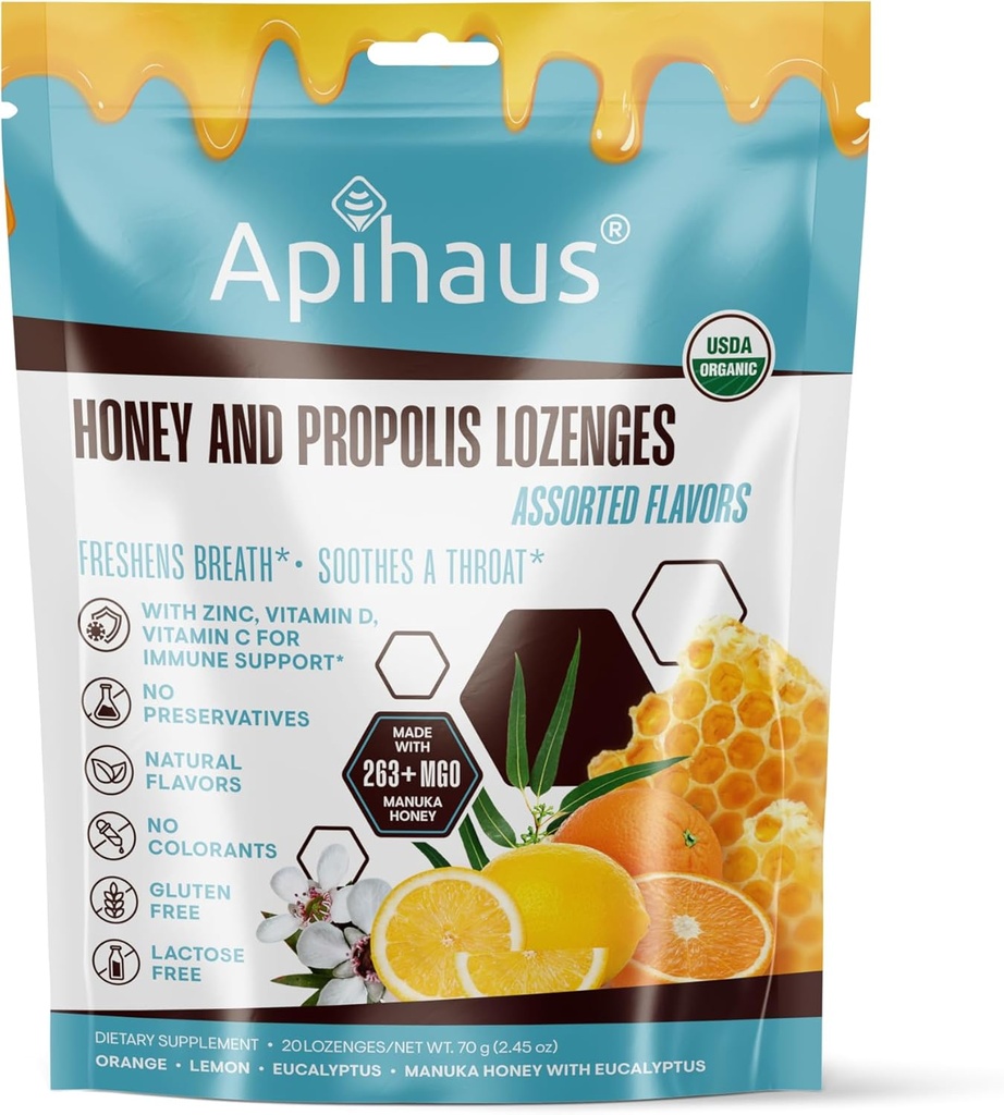 Μέλι και Propolis Lozenges Ποικίλες Γεύσεις, φρεσκάδα αναπνοή - Καταπραΰνει ένα λαρύγγι - ανοσοποιητική υποστήριξη με βιταμίνη C, βιταμίνη D και ψευδάργυρο, 20 Count