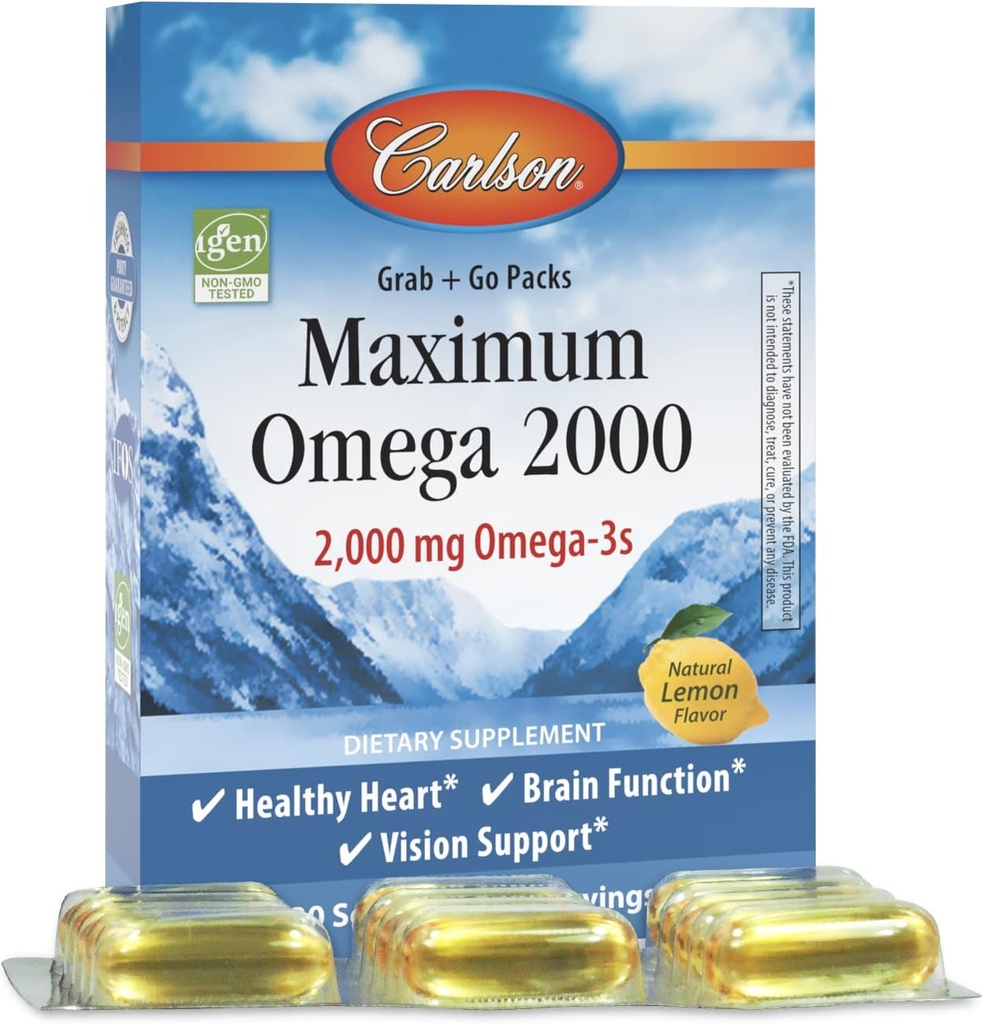 Carlson - Maximum Omega 2000 Αρπαγή + Πακέτα Go, 2000 mg Ωμέγα-3, Άγρια, Νορβηγικό συμπλήρωμα ιχθυελαίου, Βιώσιμα πηγασμένα κάψουλες ιχθυελαίου, λεμόνι, 30 Softgel Pack