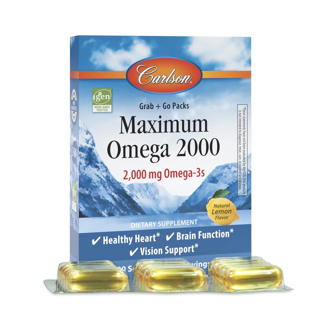 Carlson - Maximum Omega 2000 Αρπαγή + Πακέτα Go, 2000 mg Ωμέγα-3, Άγρια, Νορβηγικό συμπλήρωμα ιχθυελαίου, Βιώσιμα πηγασμένα κάψουλες ιχθυελαίου, λεμόνι, 30 Softgel Pack
