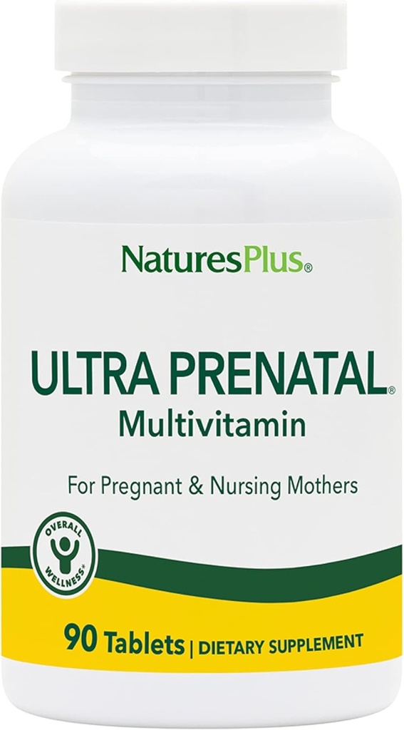 NaturesPlus Ultra Prenatal Multivitamin - 800 mcg Folate, 90 Vegetarian Tablets - Προγεννητικό συμπλήρωμα με Iodine, Calcium & B-Complex Vitamins - Χωρίς γλουτένη - 45 Σερβιέτες