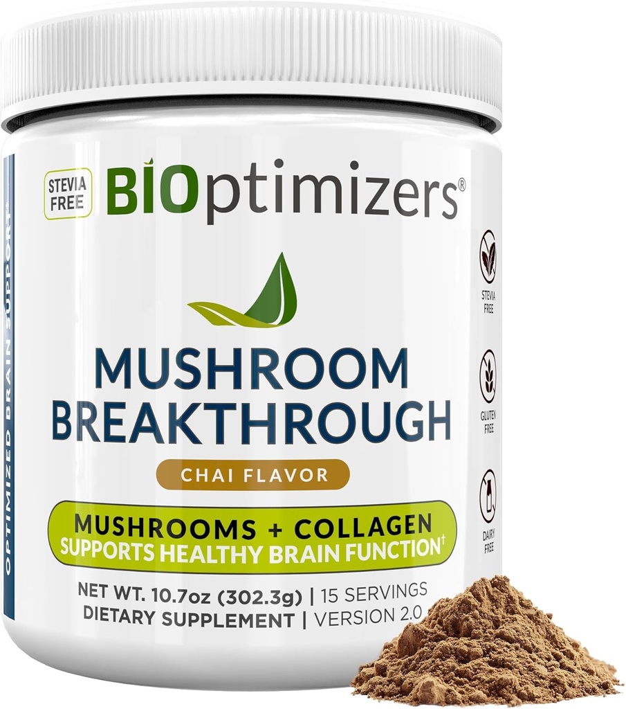 BIOptimizers Mushroom Coffee Alternative – Chai Drink – Lion’s Mane, Chaga, Reishi + Collagen Peptides for Focus, Energy & Gut Health – Adaptogenic Mushrooms & MCT Powder – 15 Σερβιέτες