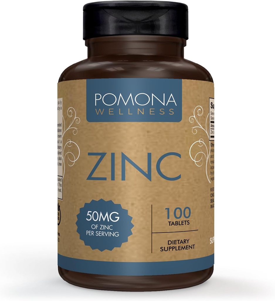 Pomona Wellness Zinc Συμπληρώματα για ενήλικες, 50mg, υγεία του δέρματος και ανοσοποιητική υποστήριξη, εύκολο να καταπιούν, για αντιοξειδωτικό και συνολική υγεία, Vegan, μη GMO, 100 δισκία
