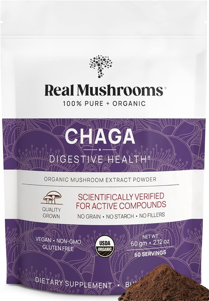 Real Mushroom Chaga Mushroom Powder – Organic Chaga Extract from Fruiting Body – for Daily Wellness & Energy Support – Vegan, Non-GMO, 60 Services Mushroom Supplement