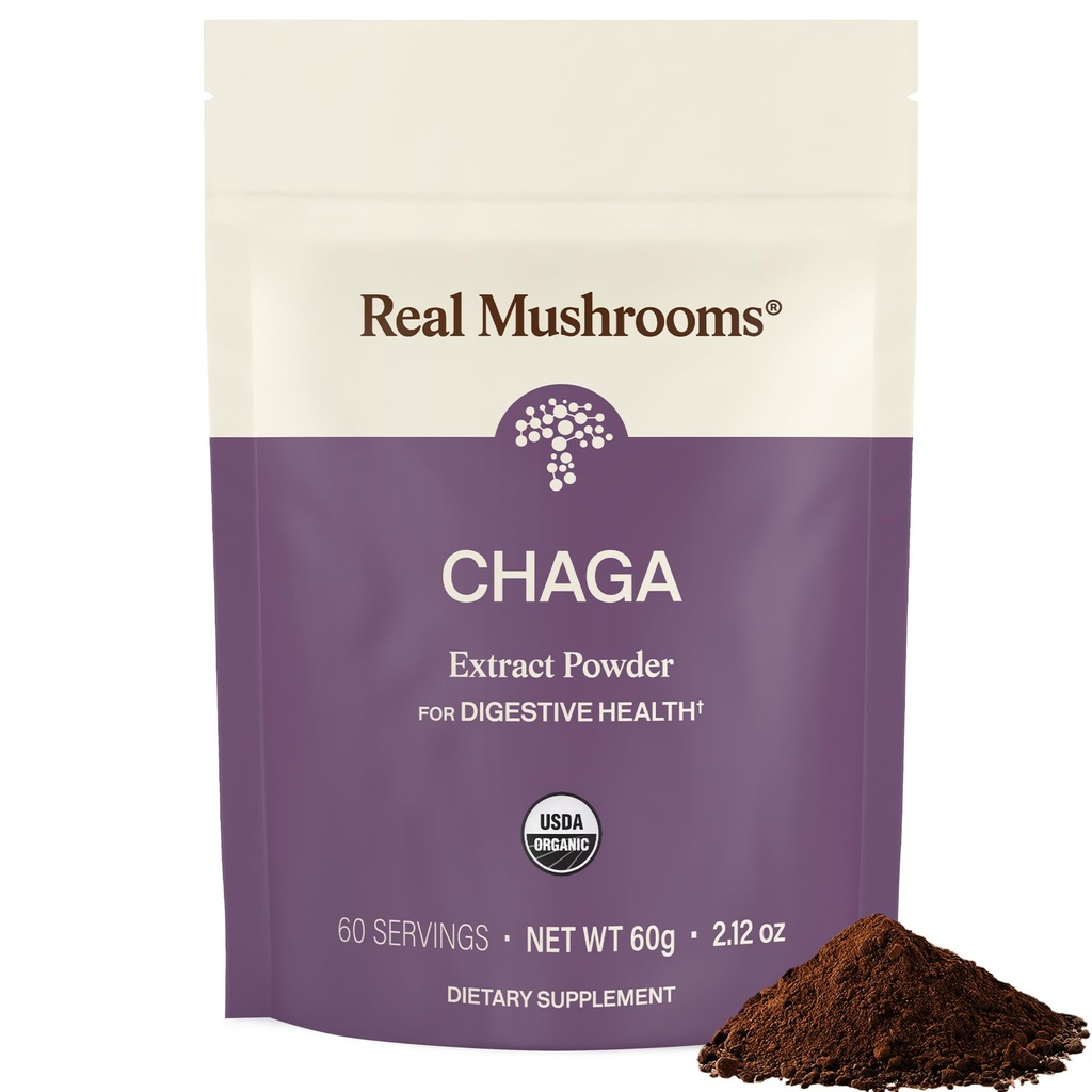 Real Mushroom Chaga Mushroom Powder – Organic Chaga Extract from Fruiting Body – for Daily Wellness & Energy Support – Vegan, Non-GMO, 60 Services Mushroom Supplement