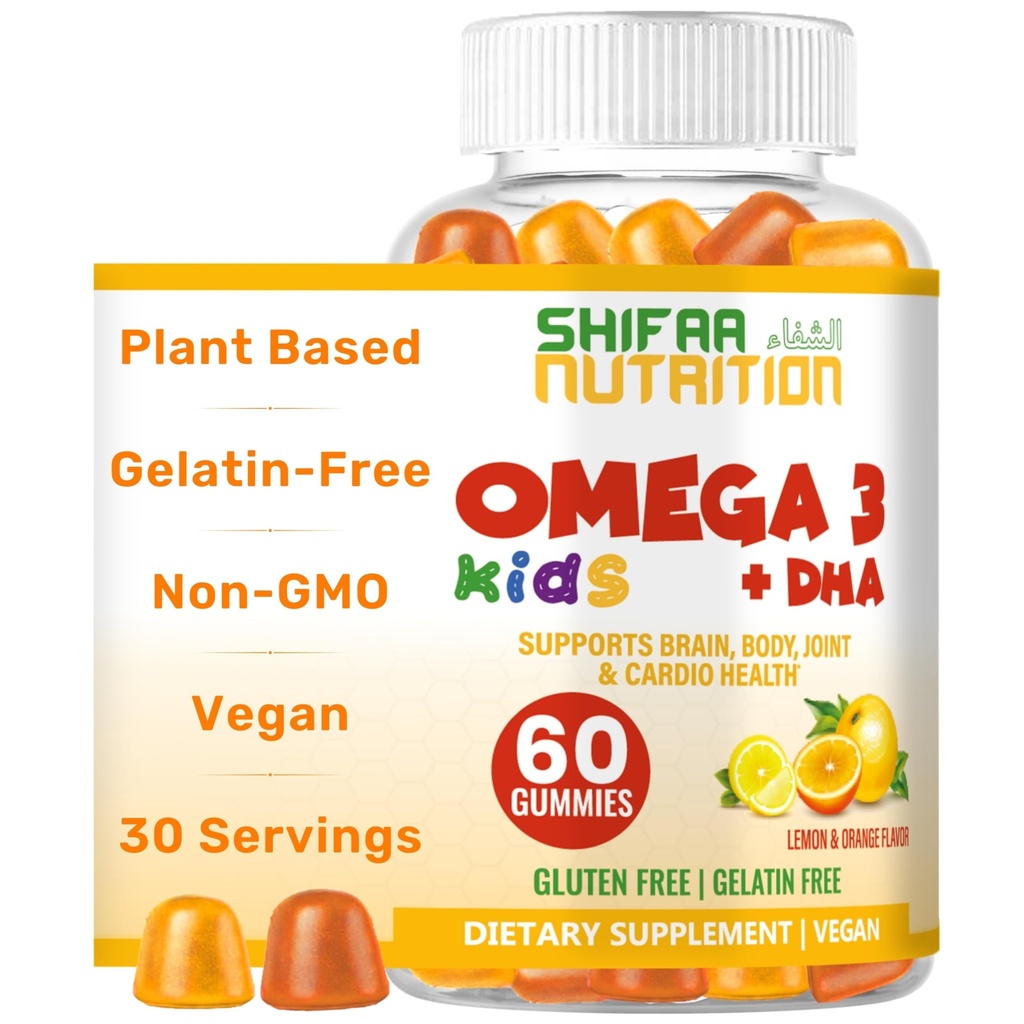 SHIFAA NUTRITION Χαλάλ Ωμέγα 3 για τα παιδιά με DHA Gummies για την ανάπτυξη του εγκεφάλου, την καρδιά & ανοσοποιητική υποστήριξη, Plant-based, μη-GMO, Algae-based DHA, Γλουτένη & Glatin-free παιδιά Ωμέγα 3 Gummies, 30 υπηρεσίες