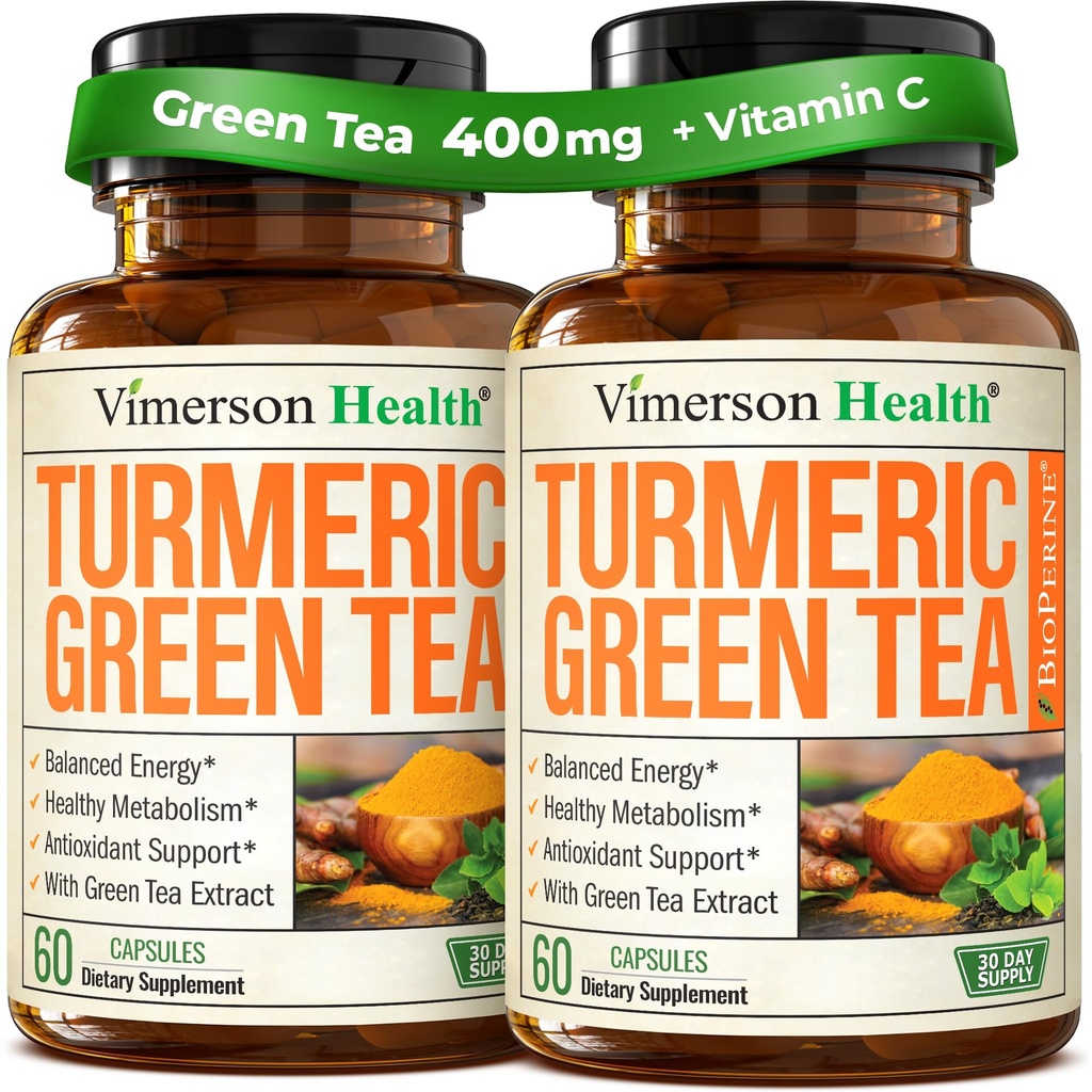 Turmeric Curcumin Supplement with Green Tea Extract (ECGC) & Vitamin C for Joint Health, Energy & Inflammation Balance - Organic Tumeric Curcumin with Black Pepper - Gluten-Free, Non-GMO. 2-Pack