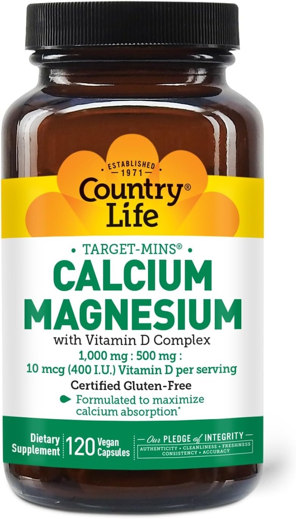 Country Life Target-Mins Ασβέστιο Μαγνήσιο με βιταμίνη D-Complex, 1000mg/500mg/10mcg, 120 κάψουλες Vegan, Certified Gluten Free, Certified Vegan, Επαληθευμένο Μη ΓΤΟ Επαληθευμένο