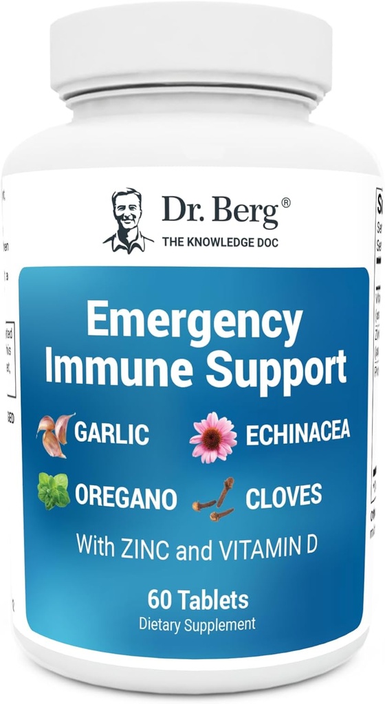 Dr. Berg Emergency Immune Support w/Echinacea - Ισχυρή μείξη φυτικών εκχυλισμάτων (Warning: Strong Herbal Smells) - Συμπλήρωμα ανοσοποίησης Περιλαμβάνει 2.000 IU βιταμίνης D & 10mg ψευδαργύρου - 60 δισκία