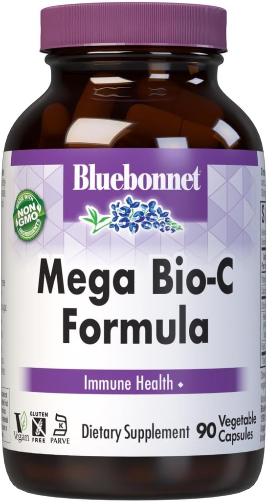 Bluebonnet Διατροφή Mega Bio-C Φόρμουλα κάψουλες λαχανικών, Υψηλής ισχύος Buffered βιταμίνη C, για την Ανοσολογική Υγεία, Χωρίς σόγια, Χωρίς γλουτένη, Μη-GMO, Kosher, Χωρίς γαλακτοκομικά, Vegan, 90 Count