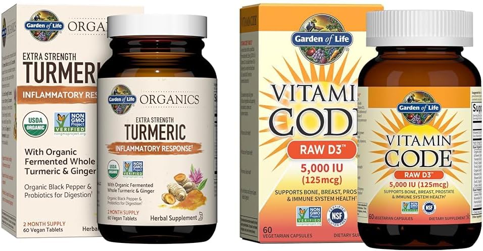 Garden of Life Turmeric Inflammatory Response & Vitamin D3 Raw Whole Food Supplements, 60 Tablets & 60 Capsules