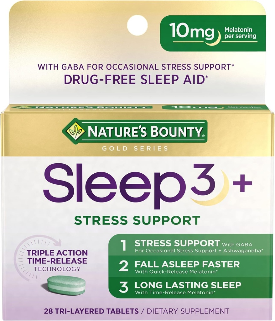 Nature's Bounty Sleep + Stress Support, Sleep3 Maximum Strength 100% Drug Free Sleep Aid, Dietary Supplement with Ashwagandha, Time Release Technology, 10mg, 28 Tri- Layered Tablets