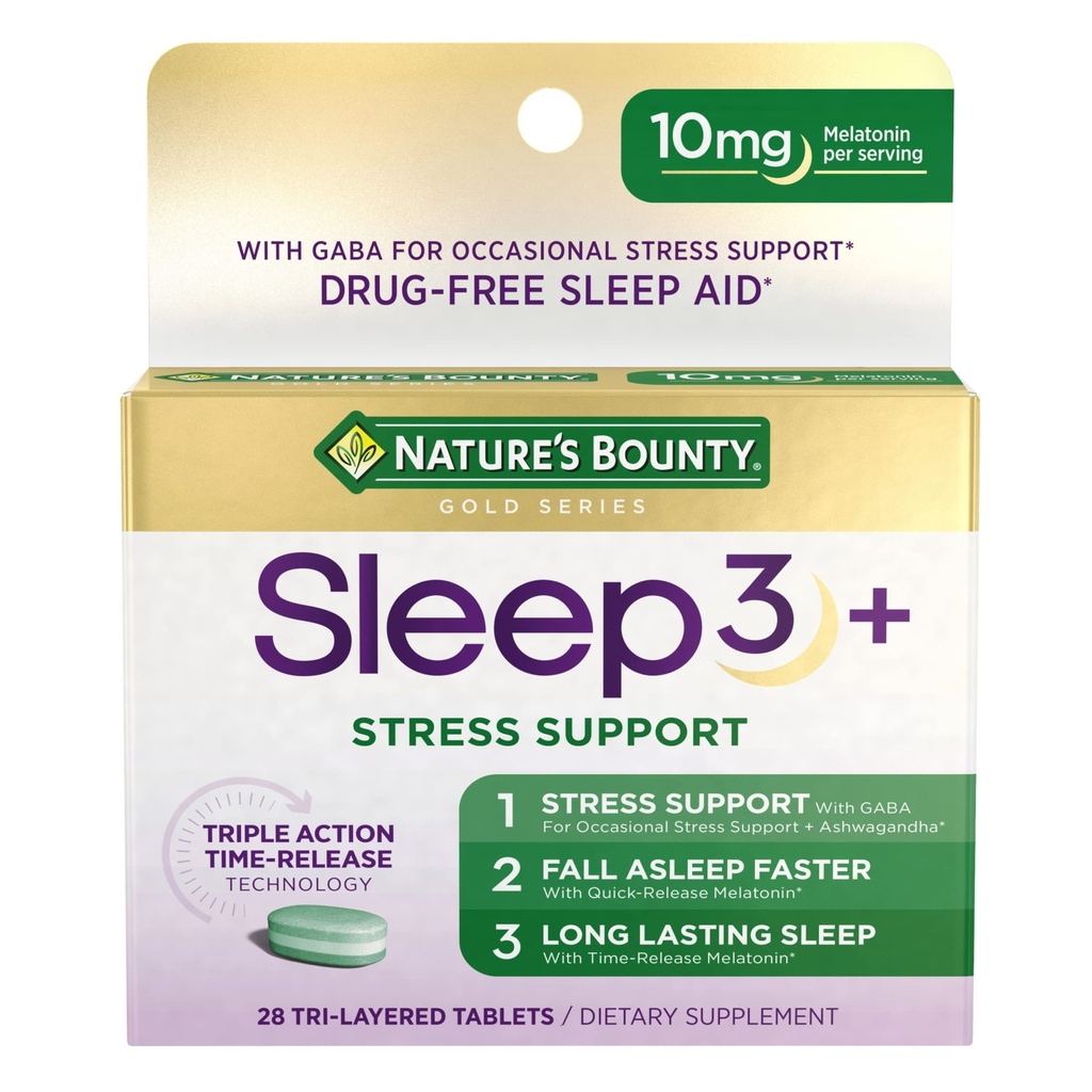Nature's Bounty Sleep + Stress Support, Sleep3 Maximum Strength 100% Drug Free Sleep Aid, Dietary Supplement with Ashwagandha, Time Release Technology, 10mg, 28 Tri- Layered Tablets