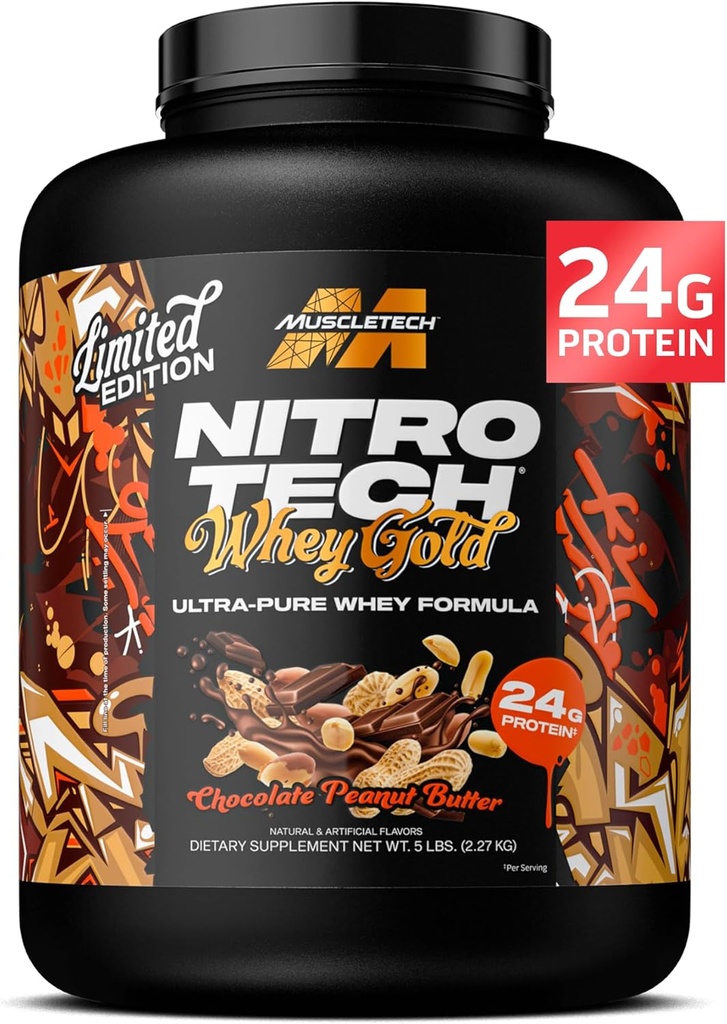 MuscleTech Whey Protein Powder (Σοκολικό Φυστικοβούτυρο, 5LB) - Nitro-Tech Whey Protein Isolate Smoothie Mix for Lean Muscle & Fast Recovery - 24g Whey Gold Protein for Women & Men - Χωρίς γλουτένη
