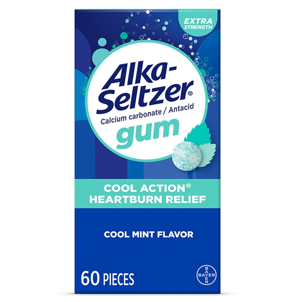 Alka-Seltzer Cool Action Heartburn Relief Gum, Extra Strength Antacid Gum, Acid Indigesion and Upset Stomach Relief, No Chalky Taste, Cool Mint Flavor, 60 Count