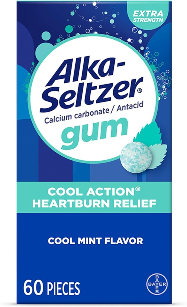 Alka-Seltzer Cool Action Heartburn Relief Gum, Extra Strength Antacid Gum, Acid Indigesion and Upset Stomach Relief, No Chalky Taste, Cool Mint Flavor, 60 Count
