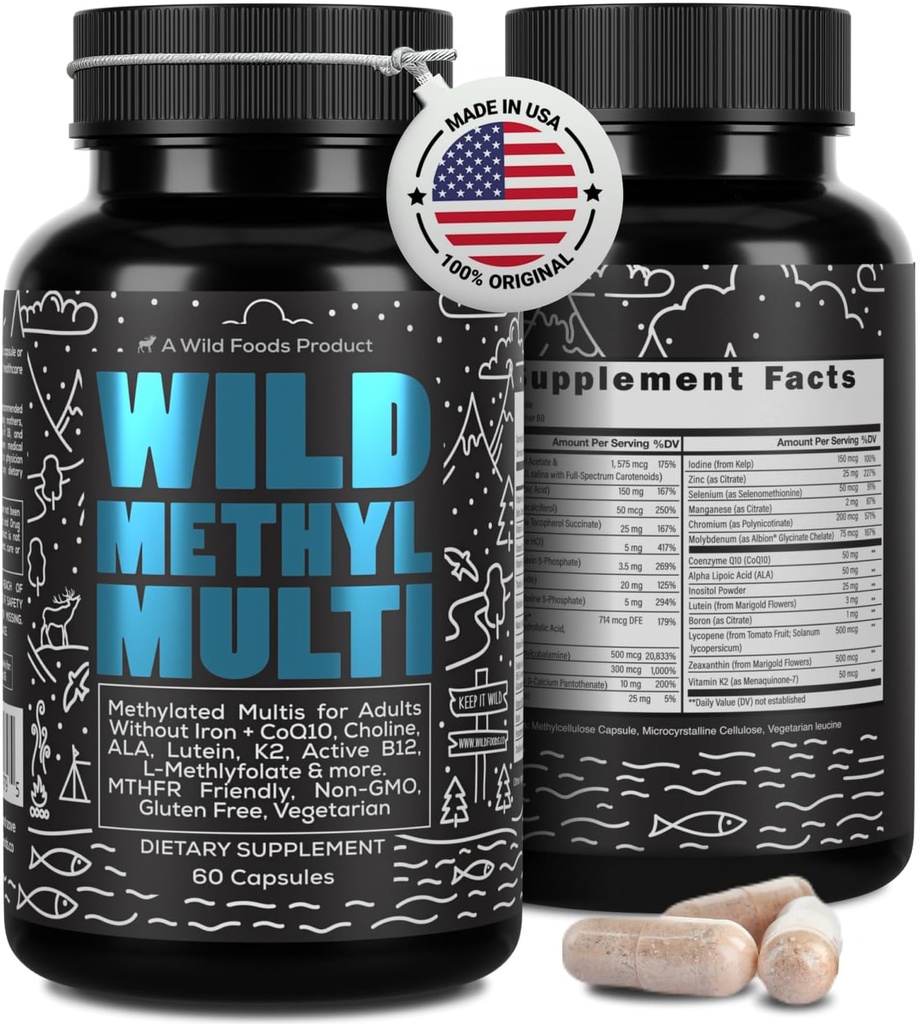 Wild Methylated Multivitamin for Women & Men | Daily Multi Vitamin | MTHFR Supplement Without Iron | Methylated B12, Folate, Vitamin C, A, K2, D, E, Choline, Biotin, ALA, CoQ10 & More (60 Capsules)
