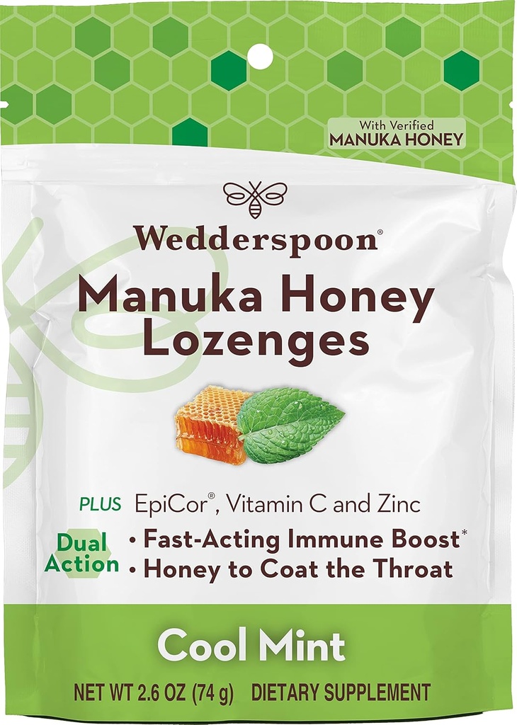 Wedderspoon Manuka Μέλι Ασυλία Lozenges, Cool Mint, 2.6 Oz (πακέτο του 1), Γνήσιο Μέλι Νέας Ζηλανδίας, Ενίσχυση της ασυλίας μέσα σε δύο ώρες