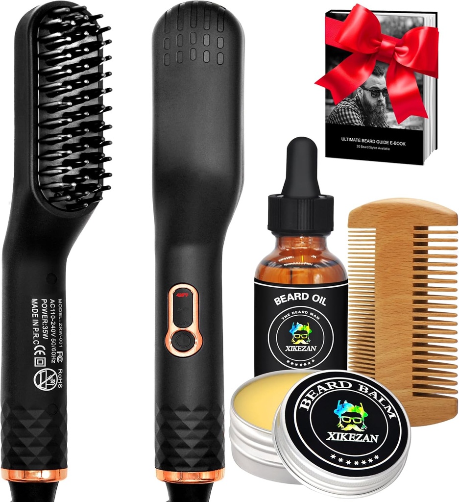 Beard Straightener w/Beard Oil & Balm & Guide E-Book,Αναβάθμιση 3 σε 1 Μαλλιά Straightener Βούρτσα Γεννημένο Ίσιωμα Comb,Μοναδική κάλτσα Stuffers Δώρα για τους άνδρες Αυτός ο μπαμπάς Σύζυγος γενέθλια Χριστούγεννα δώρα