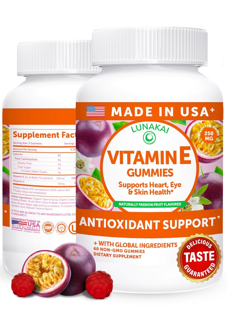 Lunakai ΗΠΑ Φτιαγμένη βιταμίνη E Gummies 400IU με βιταμίνη C - Νοστιμότατο, Vegan, μη ΓΤΟ συμπλήρωμα για την καθημερινή υποστήριξη δέρματος & ματιών, 60ct
