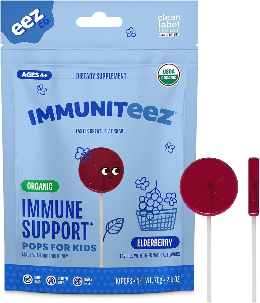 Immuniteez Organic Elderberry Lollipops for Kids - Immune Support with Vitamin C, D, E, Zinc and Organic Honey - Gluten Free Kids Vitamins - 10 Count Bag