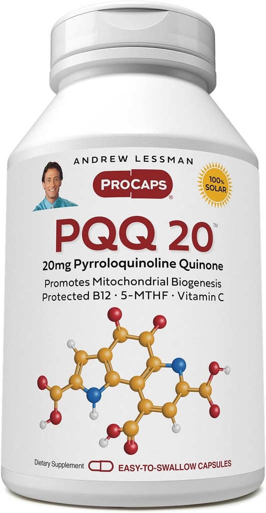 ANDREW LESSMAN PQQ 20mg - 30 Capsules - 20mg Pyrroloquinoline Quinone, Natural Protective Compound Supports Vital Organs, Heart, Brain, Liver, Immune System. Mitochondrial Biogenesis, No Additives