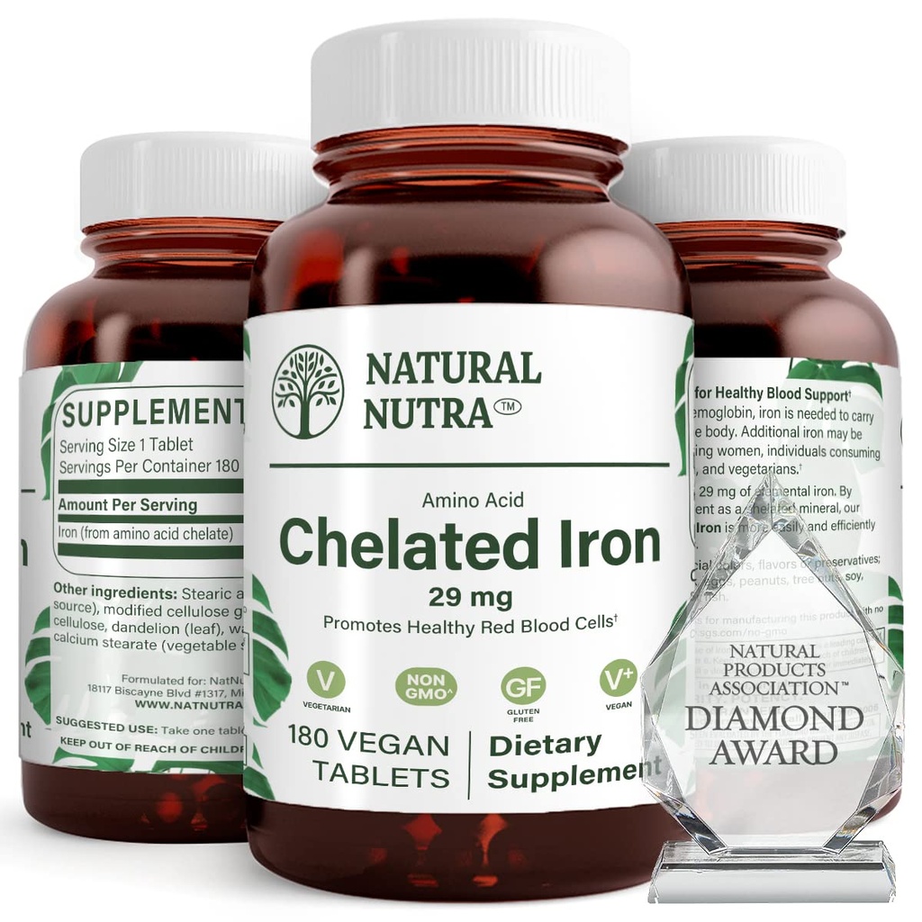 Natural Nutra Chelated Iron Supplement for Men & Women, Nails Health, Προάγει Βέλτιστη Απορρόφηση, Βοηθά στην ενίσχυση του επιπέδου του σιδήρου, Διατήρηση του σώματος Fulid, Βοήθεια για τη βελτίωση της ανάπτυξης των μαλλιών, την υγεία του δέρματος, 180 δισκία