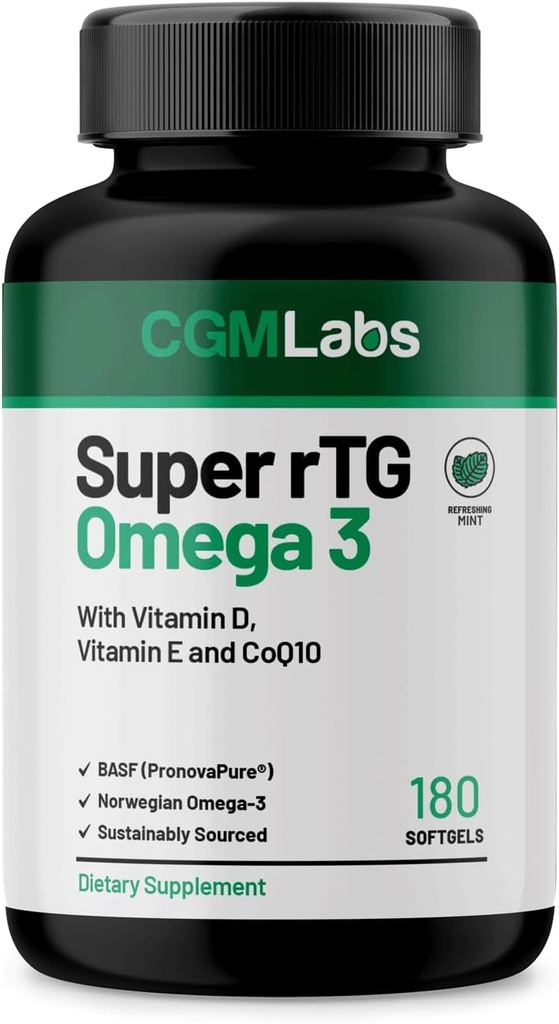 rTG Omega 3 Νορβηγικό ιχθυέλαιο με συμπλήρωμα διατροφής CoQ10-Καρδιά Υγεία & Αντιοξειδωτικά Υποστήριξη με Βιταμίνες D & E – 2000 mg Με Βιώσιμη προέλευση – Super rTG Omega 3, 180 Softgels από CGM Labs