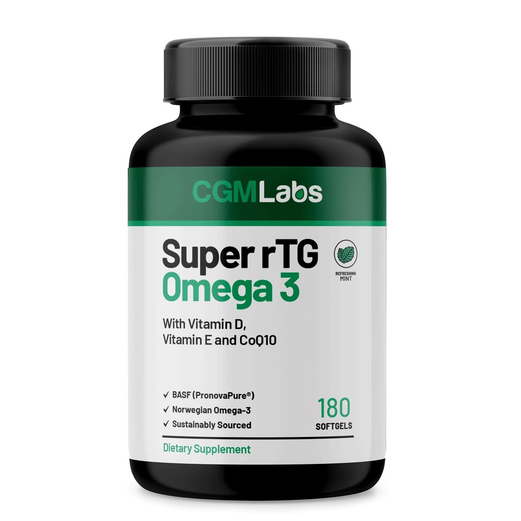 rTG Omega 3 Νορβηγικό ιχθυέλαιο με συμπλήρωμα διατροφής CoQ10-Καρδιά Υγεία & Αντιοξειδωτικά Υποστήριξη με Βιταμίνες D & E – 2000 mg Με Βιώσιμη προέλευση – Super rTG Omega 3, 180 Softgels από CGM Labs