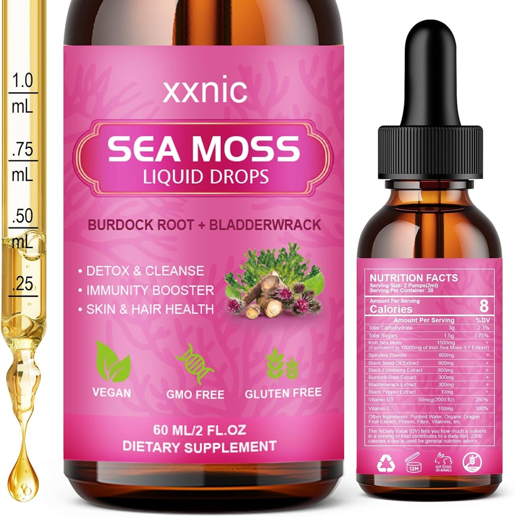 Sea Moss Advanced Liquid Drops, 3000mg Organic Sea Moss Liquid with Black Seed Oil & Irish Seamoss Gel, Ακατέργαστη Θάλασσα Moss Υποστήριξη Ανοσία, Joint, Digestive Health, 60mL-L8