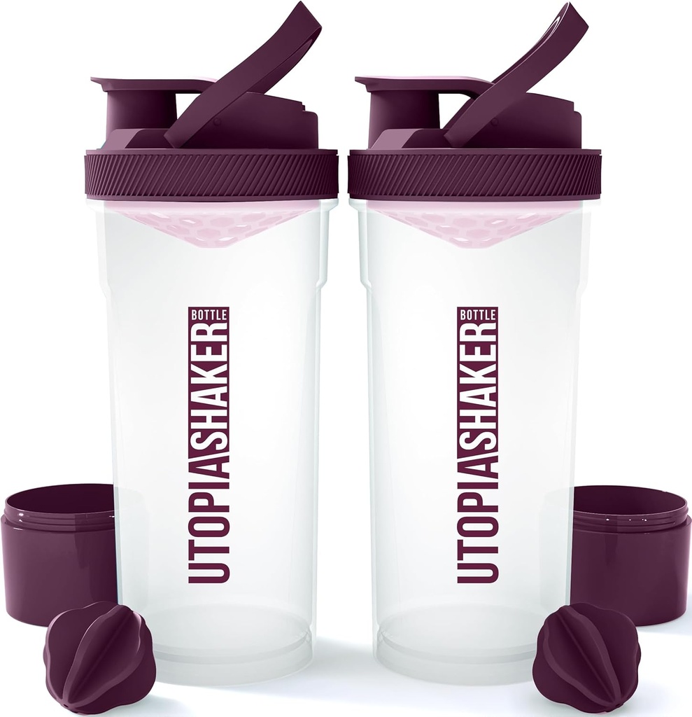 Utopia Αρχική Σελίδα Shaker Μπουκάλι 2 Pack - 24 Ουγγιά Πλαστική πρωτεΐνη ή cocktail Shaker Μπουκάλι για προ & Post προπόνηση με Twist & Lock Αποθήκευση κουτί πρωτεΐνης (Καθαρό / Plum)