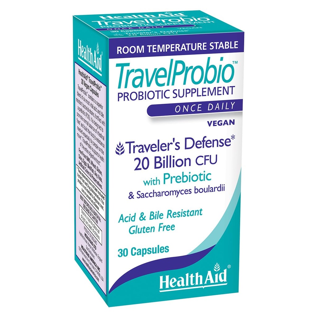 HealthAid TravelProbio 20 Billion CFU Probiotic – Saccharomyces boulardii + Prebiotic (FOS), Acid & Bile‐Resistant – Μια φορά‐Καθημερινή Vegan, Γλουτένη‐Δωρεάν, δωμάτιο‐Temp Stable – Travel Digestive Υποστήριξη