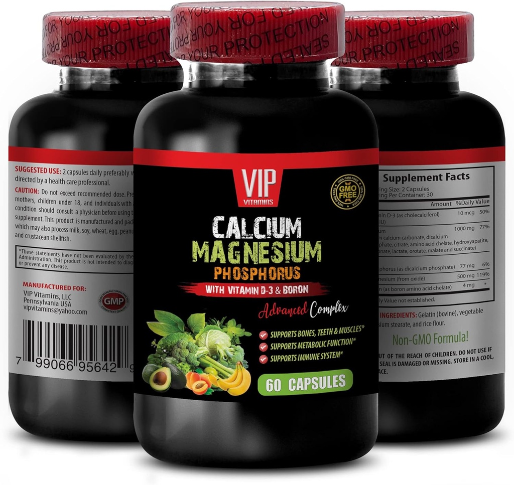 Bone and Joint Vitamins - Calcium Magnesium Phosphorus, with Vitamin D-3 and Boron Advanced Complex - Phosphorus Magnesium, Calcium Magnesium Supplement, Calcium Magnesium Potassium 1 Bot 60 Capsules